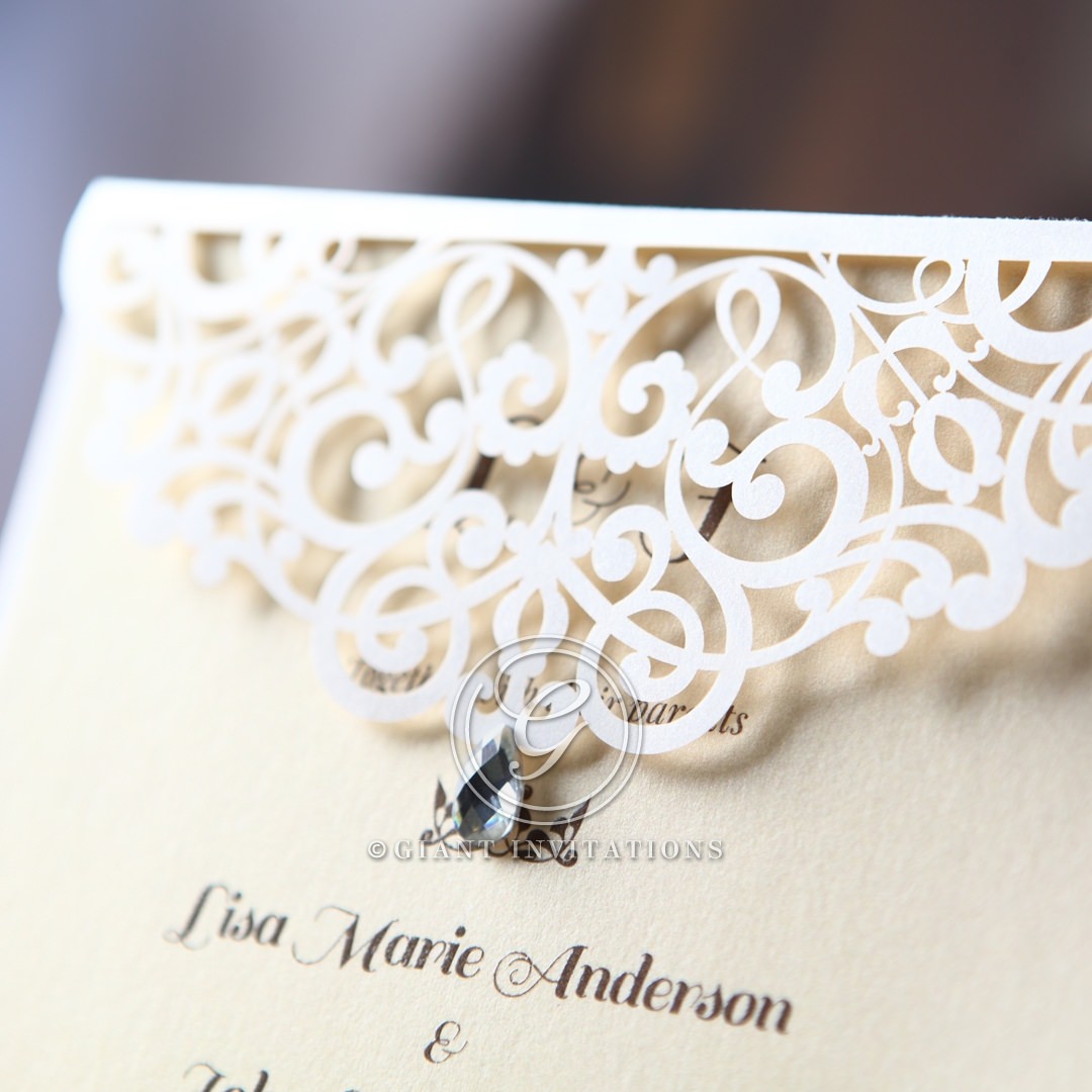 Jeweled wedding invitation laser cut detail