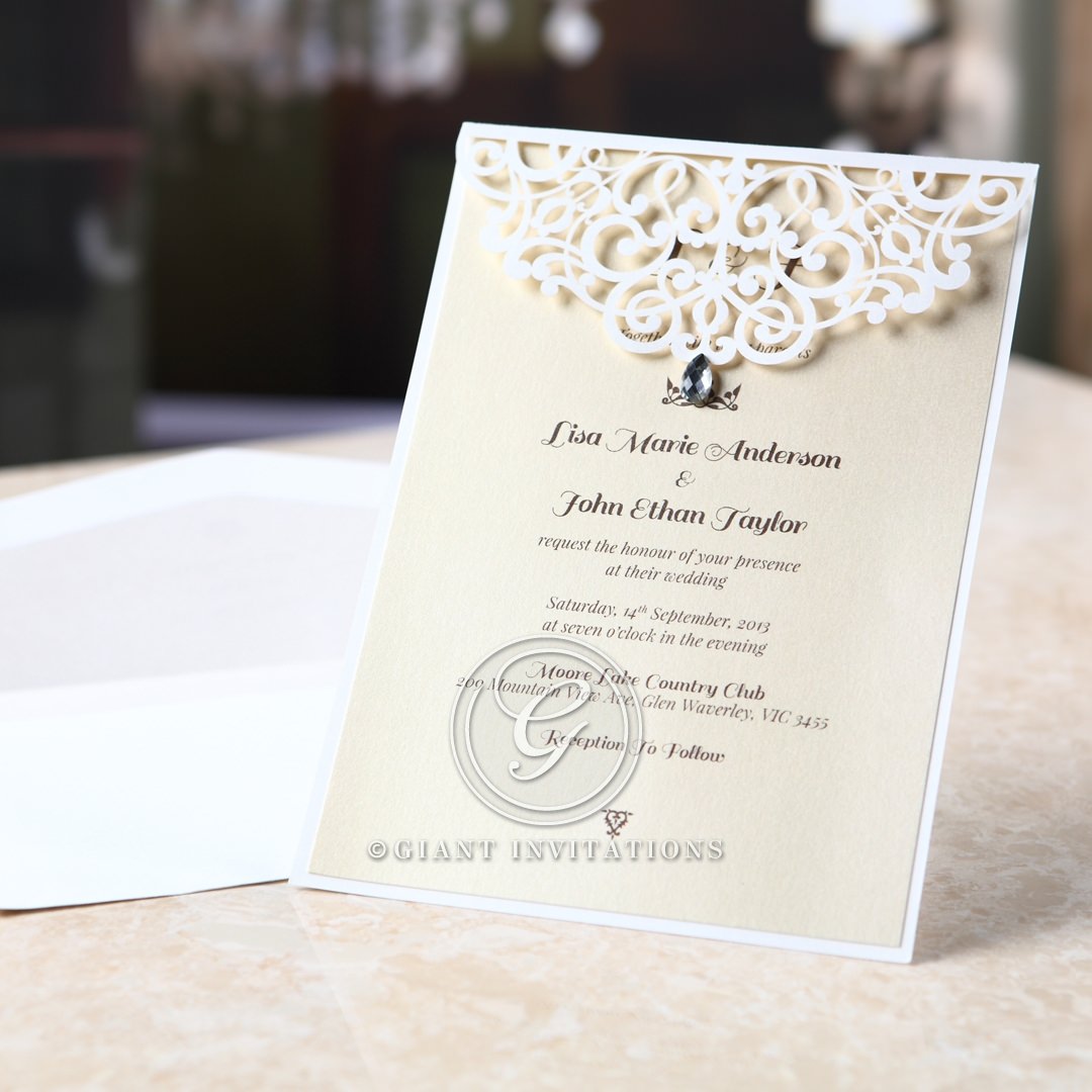 Jeweled laser cut wedding invitation with envelope