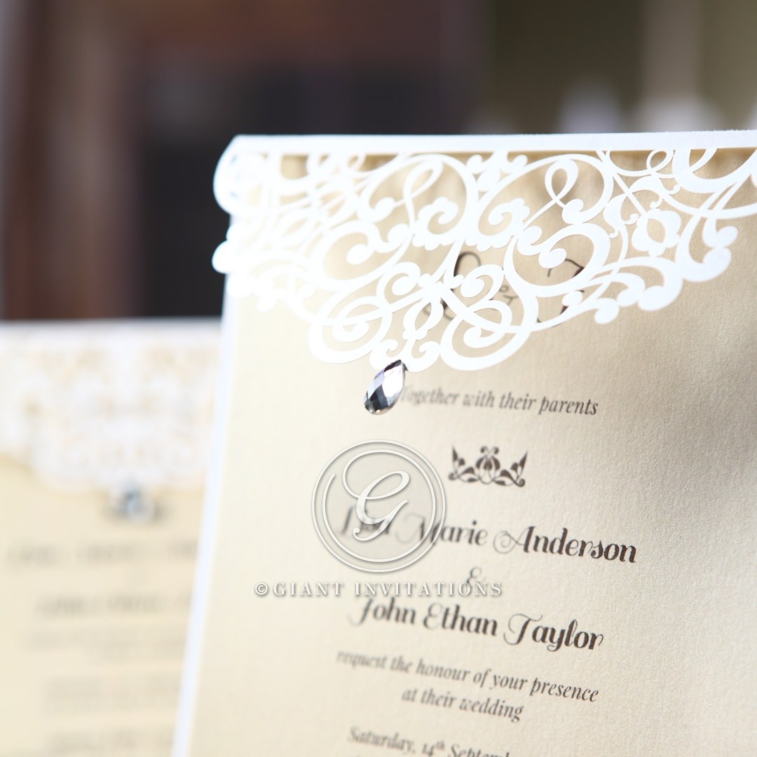 Jeweled laser cut wedding invitation flap