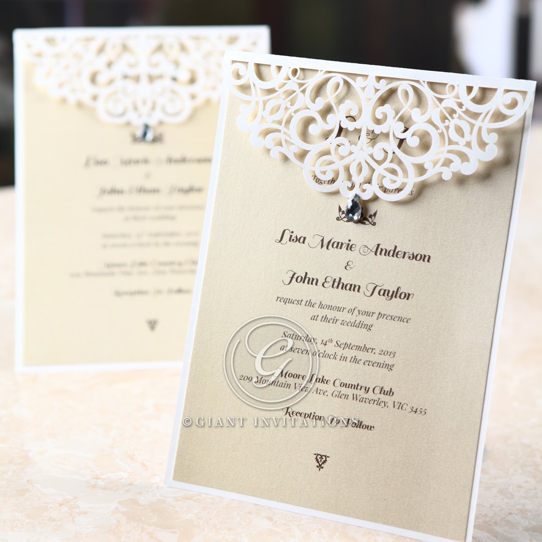 Jeweled laser cut wedding invitation, silk screening, ecru inner paper ...