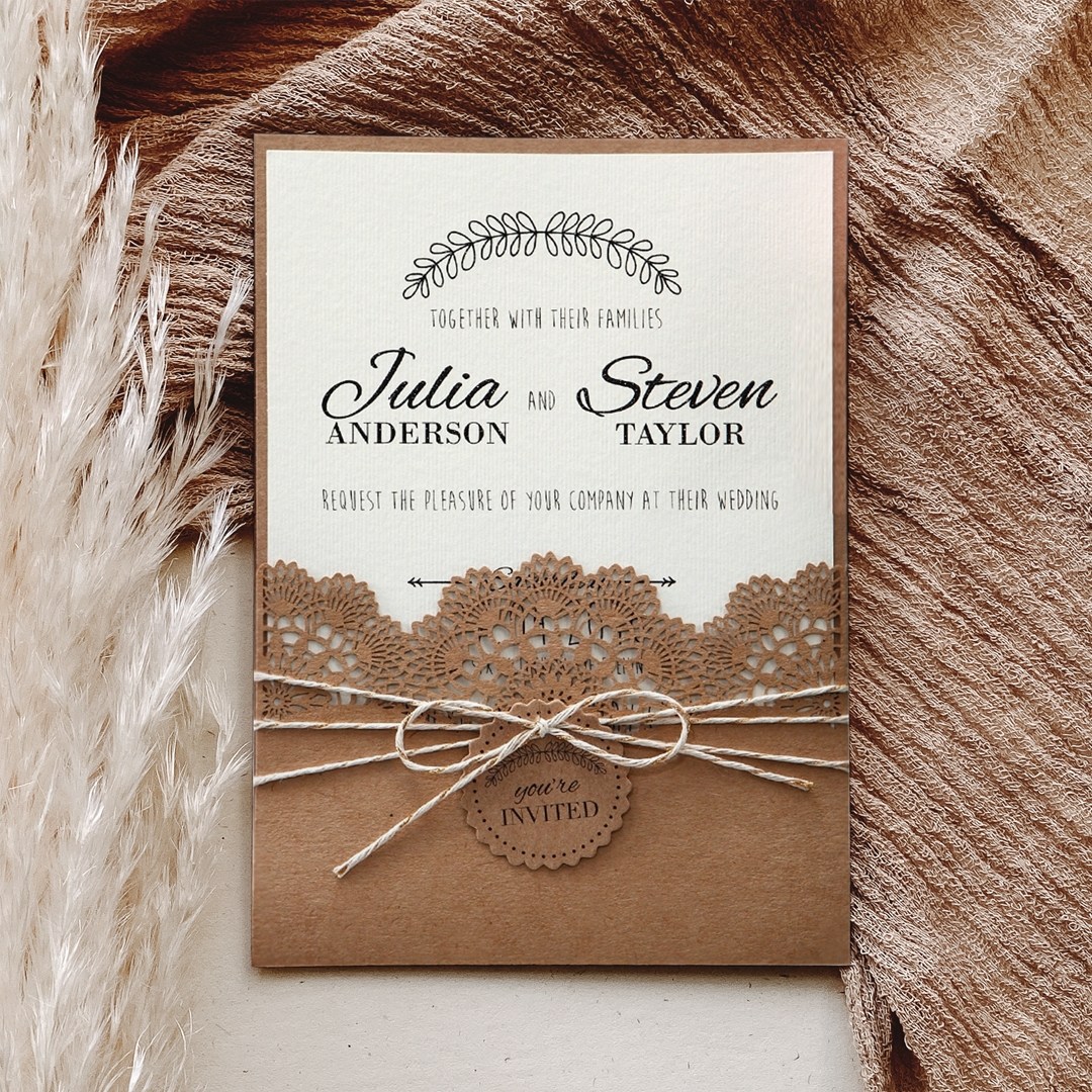 Twine and Lace Rustic Pocket Invite with Raised Printing