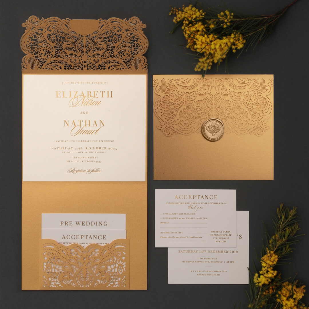 Royal Golden Lace with Pocket - Wedding Invitations - PWI116022-WH-C-7616 - 183888