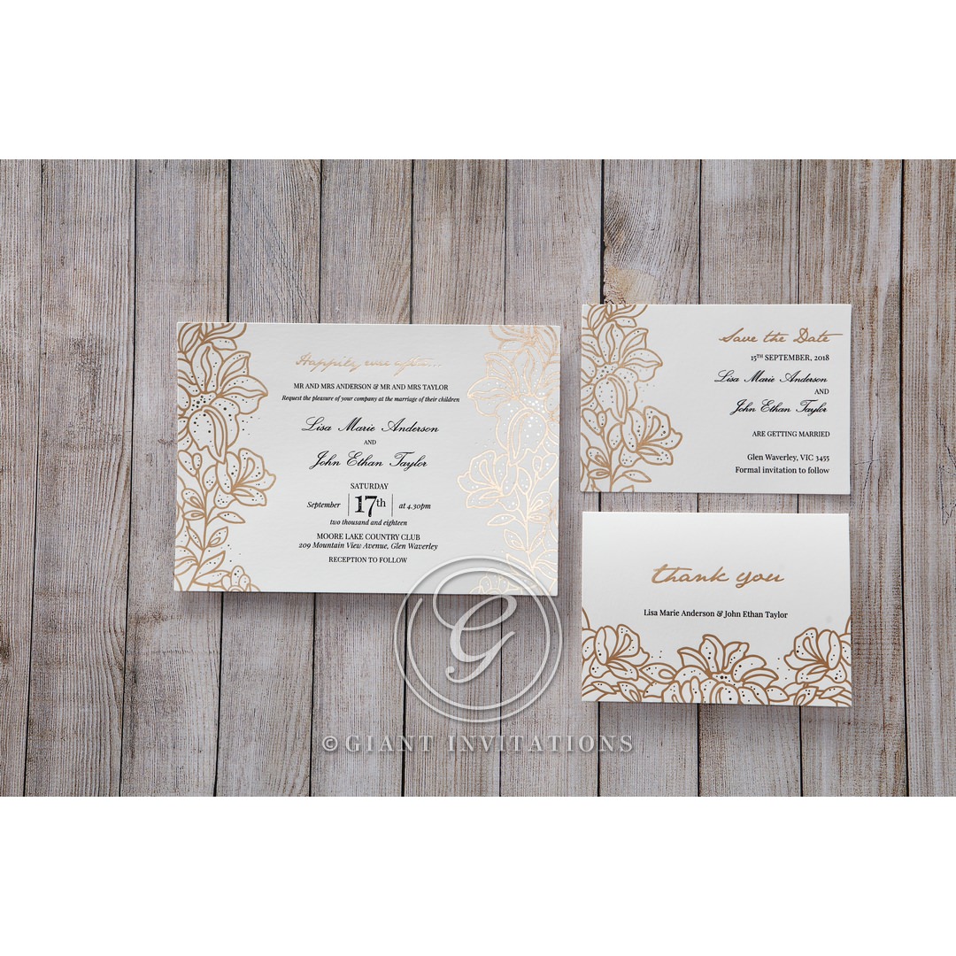 Gold Foil Stamped Lillies Wedding Invitations