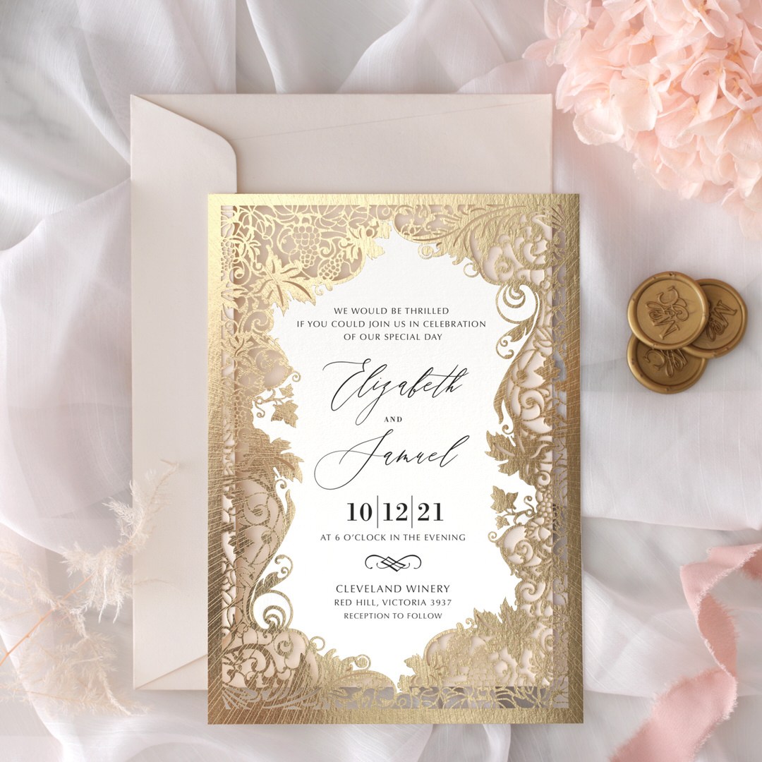 Gold Laser Cut Wedding Invitation | Royal Winery Design