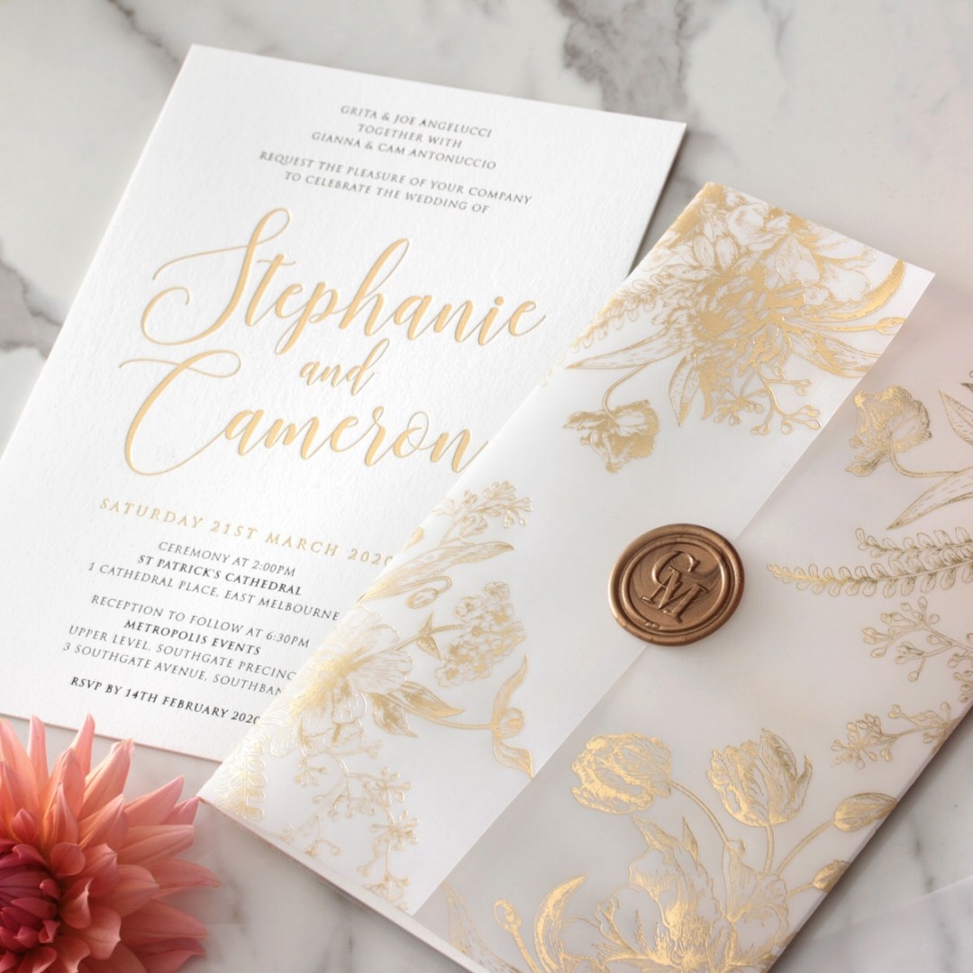 Foil Stamped Elegance with Gold Vellum Jacket - Wedding Invitations - IC550-GG-FLBL-01x - 189286
