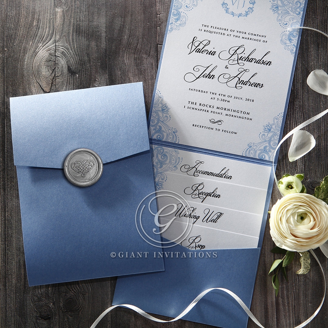 Regal And Compact Pearlised Blue Pocket Invitation By Giant