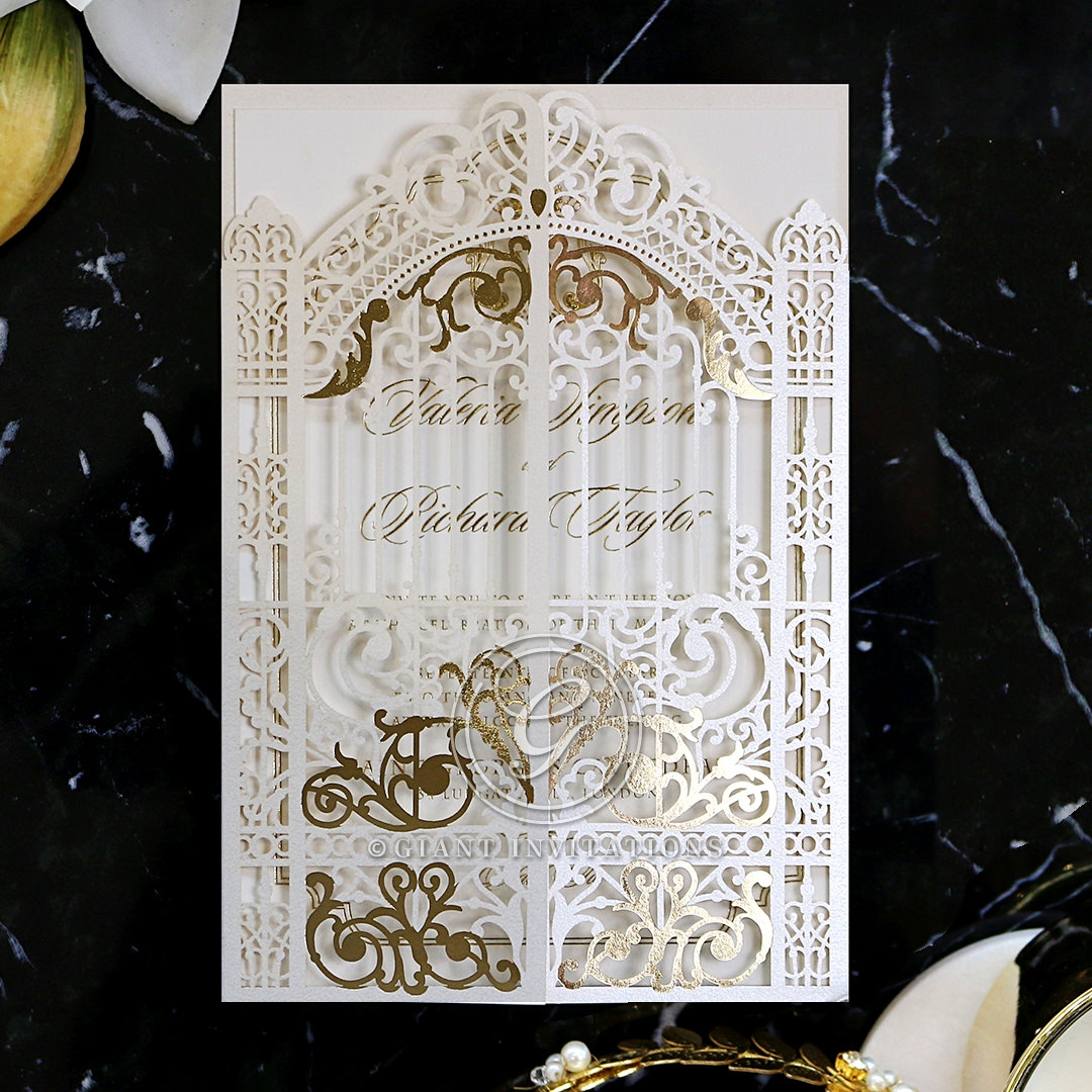 Ivory and Gold Victorian Era Gate Inspired Wedding Invitation