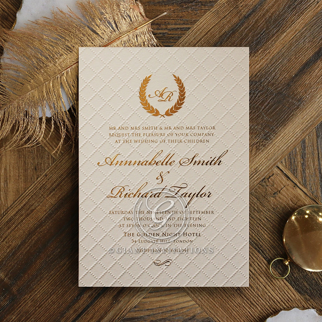 Glamourous Quilted Wedding Invitation | Glossy Gold Foiled