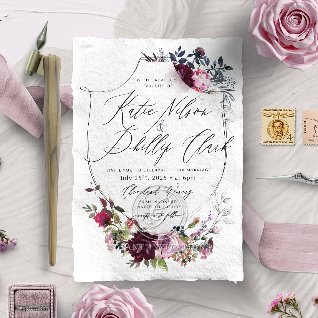 Watercolor Rose Garden Wedding Invitation Design