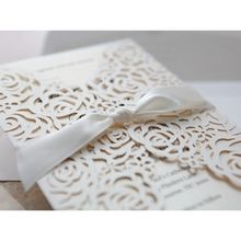 Silk ribbon detail; white floral invitation; gatefold
