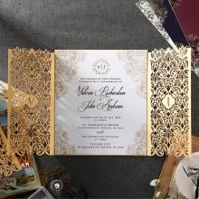 Intricate laser cut sleeve with a pearlised inner card and golden vintage themed borders