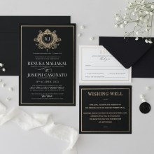 Elegant Black and Gold Royal Crest - Wedding Invitations - MB300-PFL-GG-03x - 188274