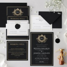 Elegant Black and Gold Royal Crest - Wedding Invitations - MB300-PFL-GG-03x - 188275