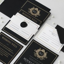 Elegant Black and Gold Royal Crest - Wedding Invitations - MB300-PFL-GG-03x - 188273