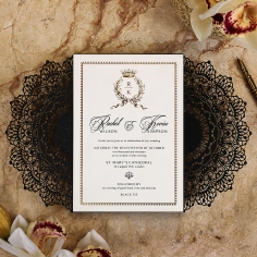 Black Doily Elegance with Foil Wedding Card Design