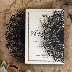 Black Doily Elegance with Foil Wedding Invite Card Design