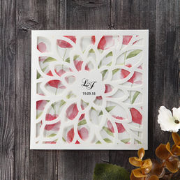 Adorable floral die cut square card printed in calligraphic writing with a water coloured rose patterned panel

