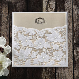 Organic brown craft paper with monogram initials, secured in an adorable floral laser cut outer pocket cover embellished with shiny pearls
