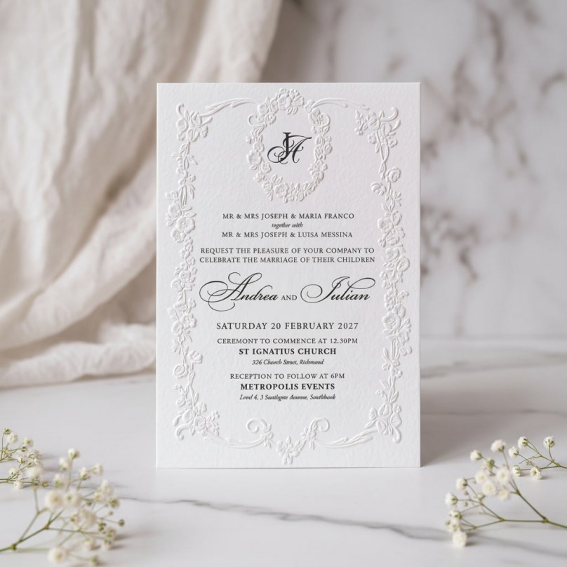 Embossed Floral Crest & Border - Wedding Invitations - IC330-PEM-3D-01 - 189547