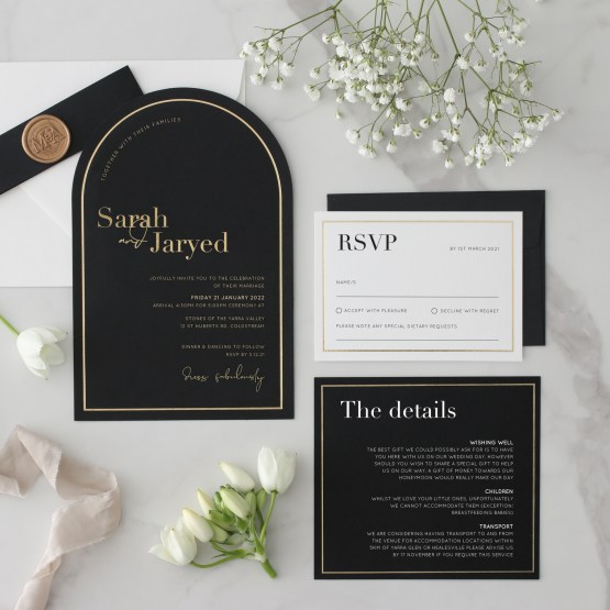 Black Arch Shaped with Custom Gold Foil - Wedding Invitations - MB300-ARC-FL-GG-01x - 188903