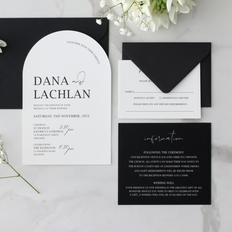 White Arch Shaped with Black Ink - Wedding Invitations - KI300-ARCH-BL-02 - 189178