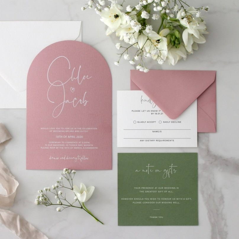 Dusty Pink Arch Shaped with White Ink - Wedding Invitations - KC06-ARC-PK-RG-WI-01 - 189380