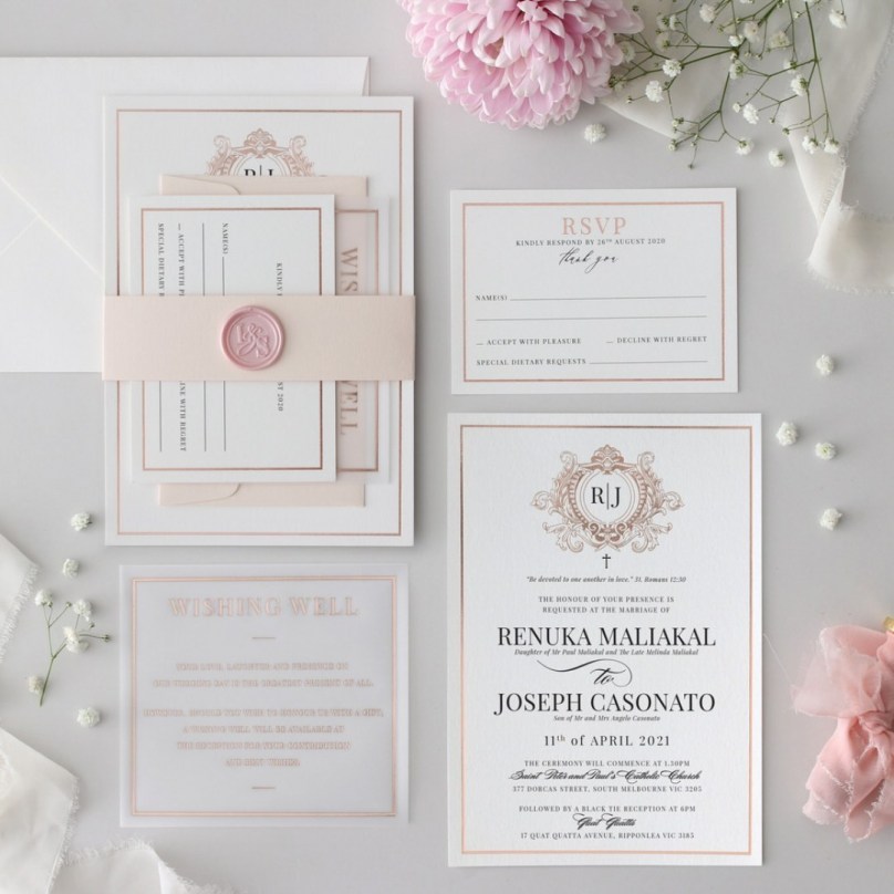 Elegant Rose Gold Royal Crest - Wedding Invitations - KI300-PFL-RG-10x - 189361