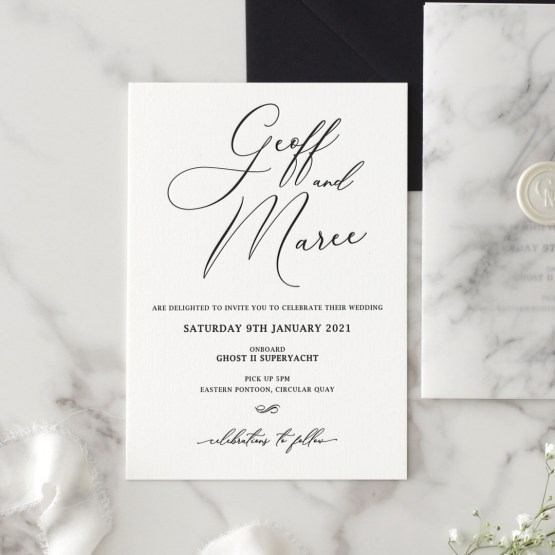 Monochrome Coloured Wedding Invitations | retailer Black Letterpress on Ivory Cotton Stock