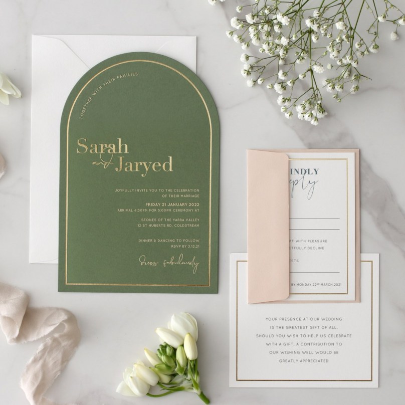 Green Arch Shaped with Custom Gold Foil - Wedding Invitations - GN300-ARC-FL-GG-01xxx - 189323