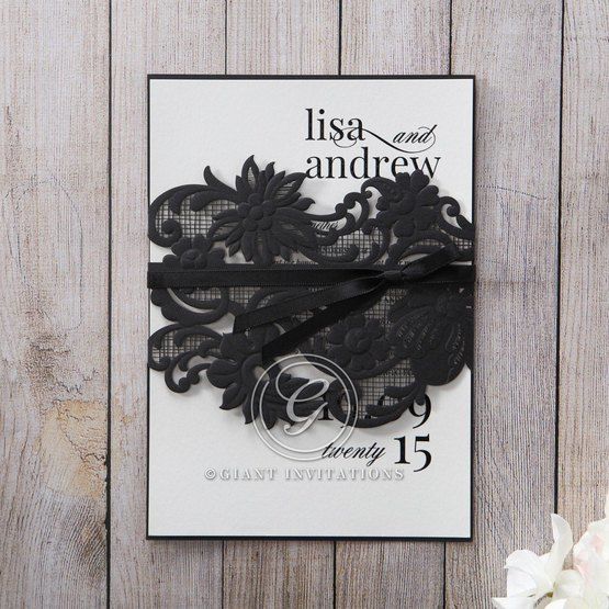 Black Lace with Ribbon Invitation, Coloured Insert