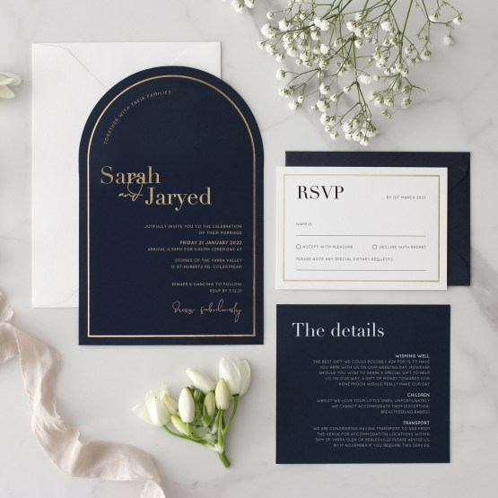 Navy Arch Shaped with Custom Gold Foil - Wedding Invitations - NV300-ARC-FL-GG-01xx - 188918