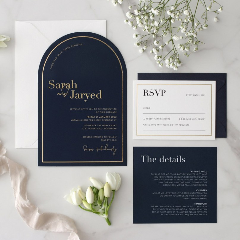 Navy Arch Shaped with Custom Gold Foil - Wedding Invitations - NV300-ARC-FL-GG-01xx - 189364