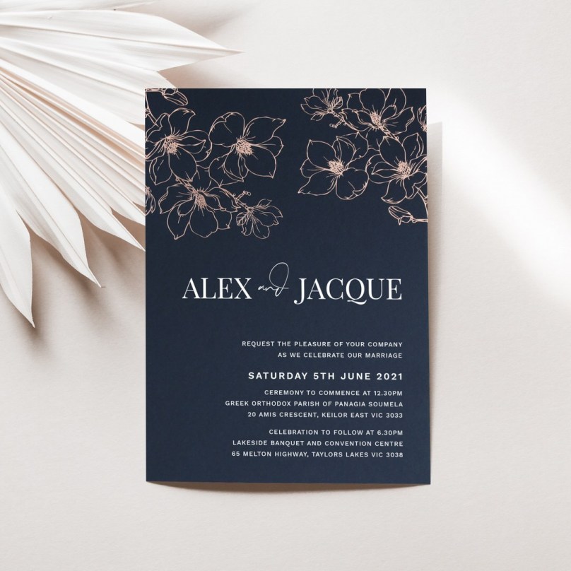 Royal Blue with Rose Foil Floral Card - Wedding Invitations - NV300-PFL-RG-01x - 189368