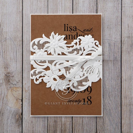 Unique craft paper card enclosed in a luminous white coloured sleeve with floral designs tied together with a sleek white satin ribbon
