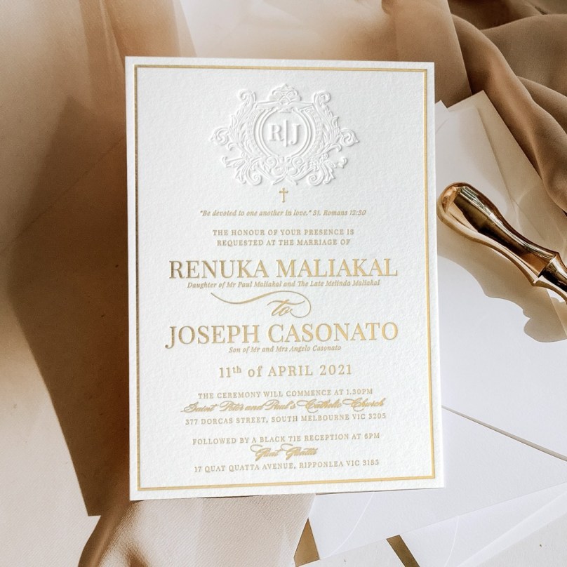 Letterpress Crest & Foil with Border - Wedding Invitations - IC330-GG-LPBD-01 - 189279