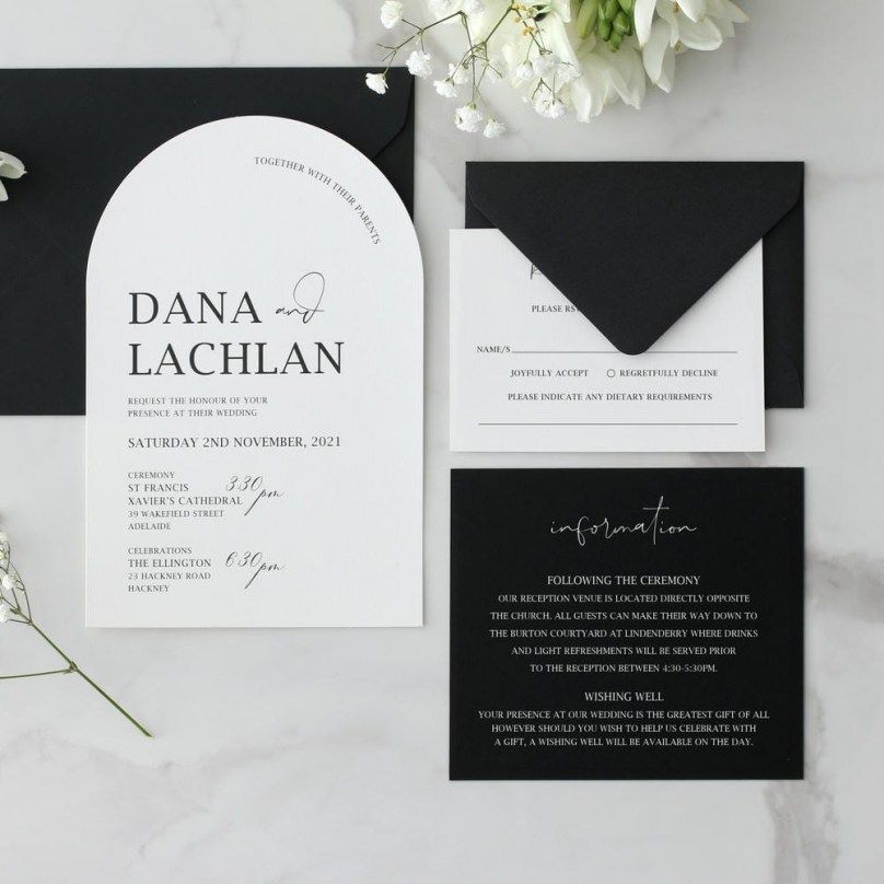 White Arch Shaped with Black Ink - Wedding Invitations - KI300-ARCH-BL-02 - 189236