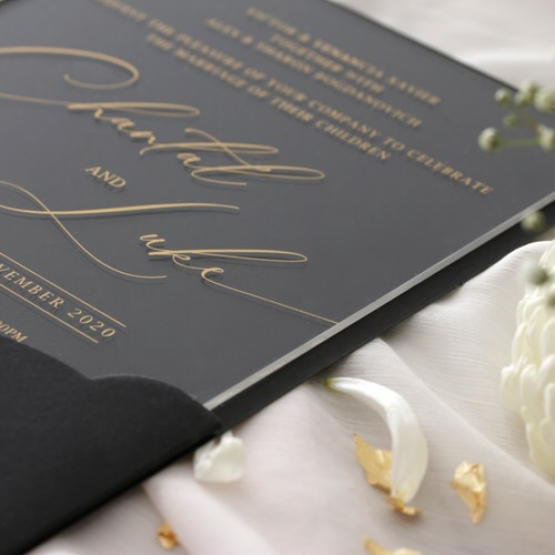 Acrylic with Foil with Ebony Half Pocket - Wedding Invitations - ACR-GG-PCBL-01 - 185005