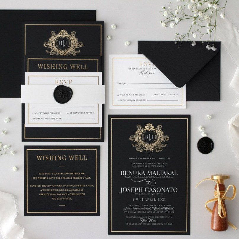Elegant Black and Gold Royal Crest - Wedding Invitations - MB300-PFL-GG-03x - 189248