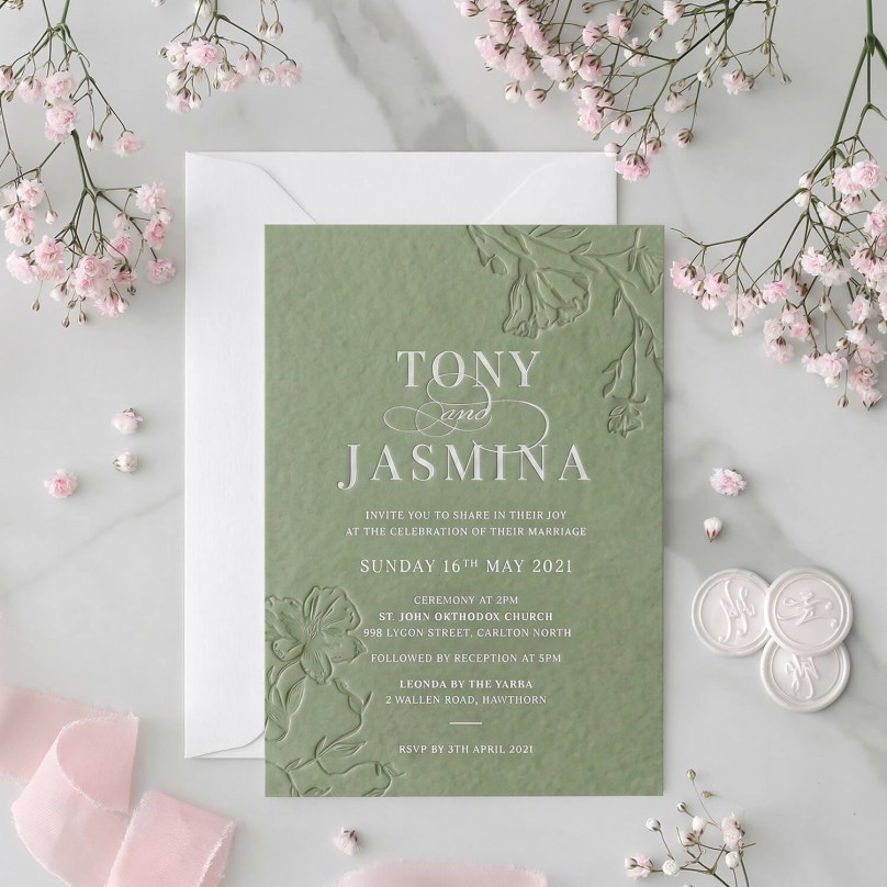 Sage Letterpressed Flowers - Wedding Invitations - SG300-PLP-B-01 - 189447