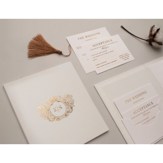 Immaculate In White And Gold Hardcover Wedding Invites