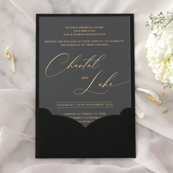 Acrylic with Foil with Ebony Half Pocket  - Wedding Invitations - ACR-GG-PCBL-01 - 184931