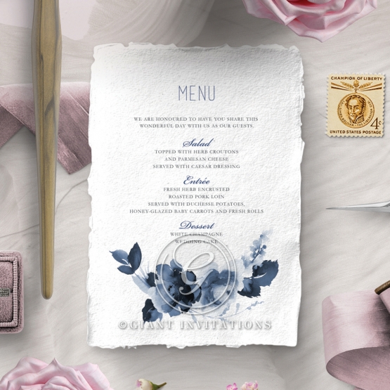 Blue Wonderland wedding stationery menu card item