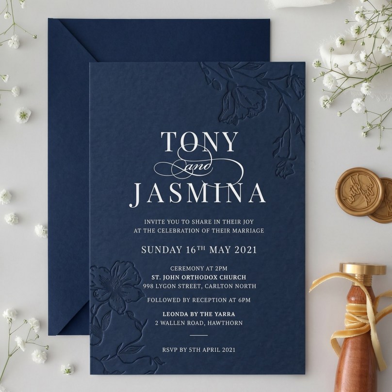 Navy Debossed Florals - Wedding Invitations - CR32-PLP-NV-WH-01 - 189479