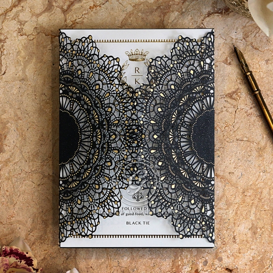 Black Doily Elegance with Foil Invitation Card