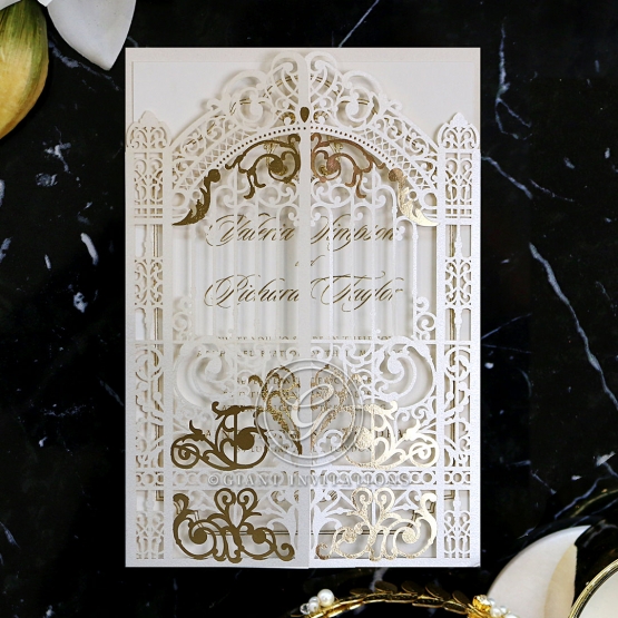 Ivory Victorian Gates with Foil Wedding Invitation Card Design