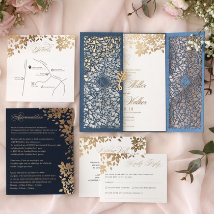 Navy Laser cut and gold botanical invites