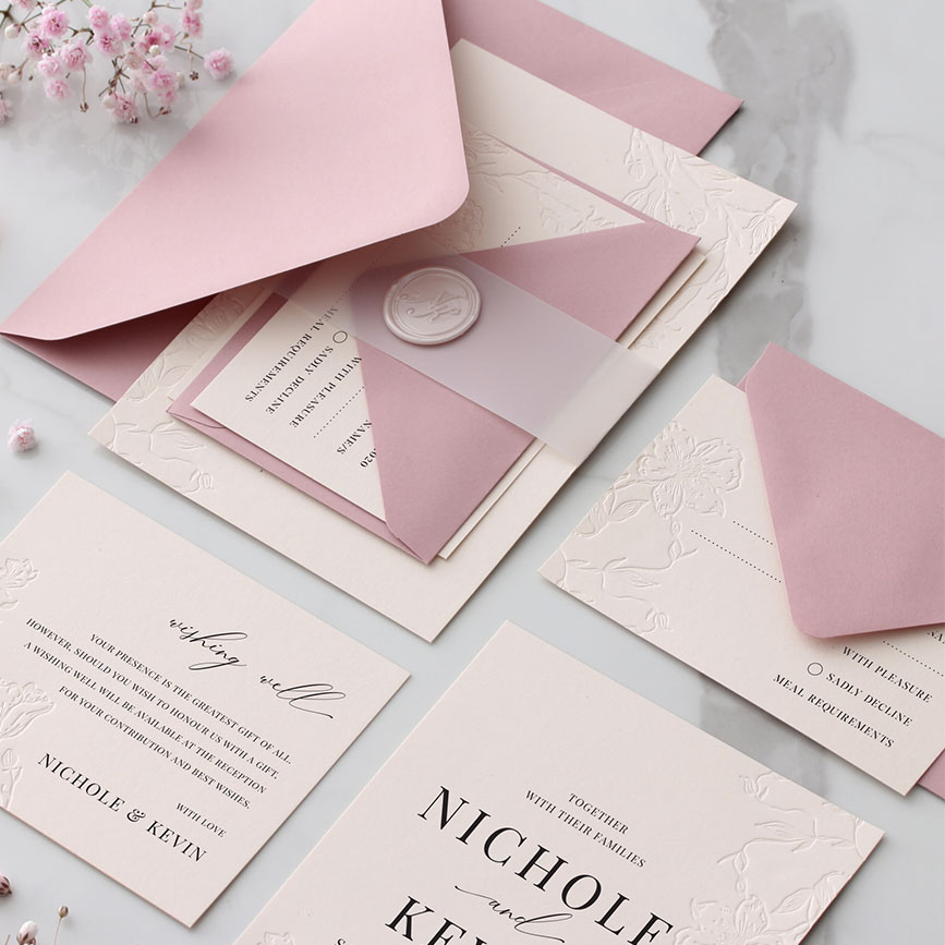 blush letterpress invitations set