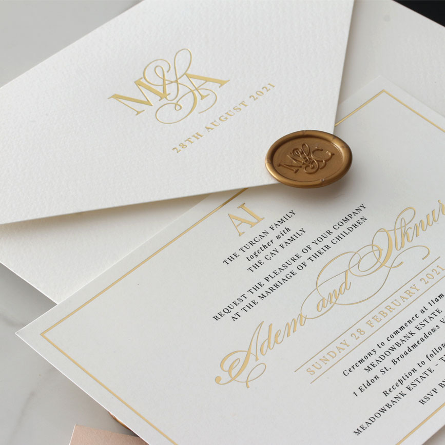 gold ink white invite wax stamp