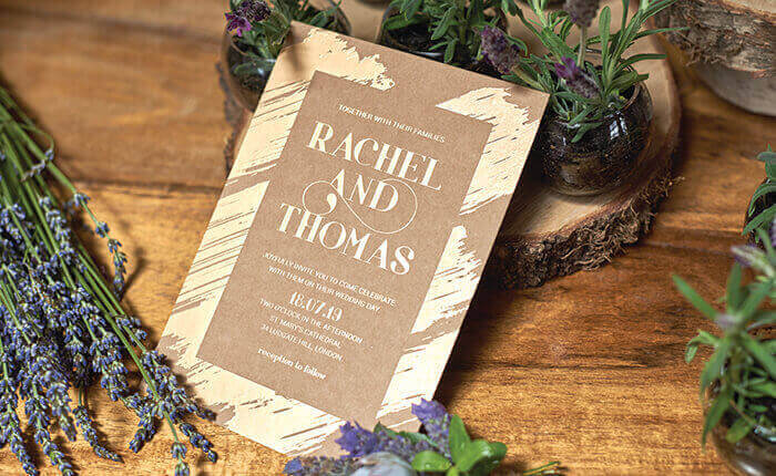 A new designed rustic craft invite with gold foil finish surrounded by lavender